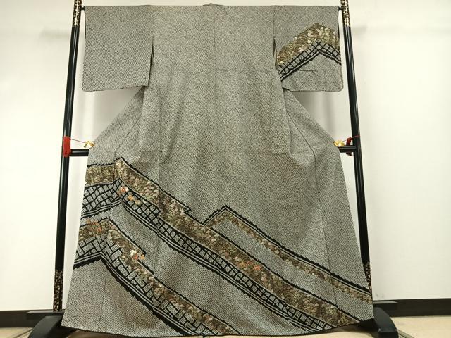 平和屋着物●訪問着　駒刺繍　絞り　草花文　黒地　金糸　金彩　正絹　逸品　未使用　AABI9198fy