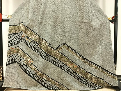 平和屋着物●訪問着　駒刺繍　絞り　草花文　黒地　金糸　金彩　正絹　逸品　未使用　AABI9198fy