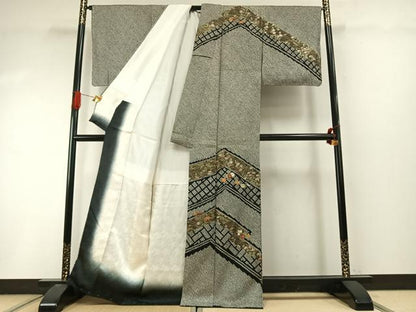 平和屋着物●訪問着　駒刺繍　絞り　草花文　黒地　金糸　金彩　正絹　逸品　未使用　AABI9198fy