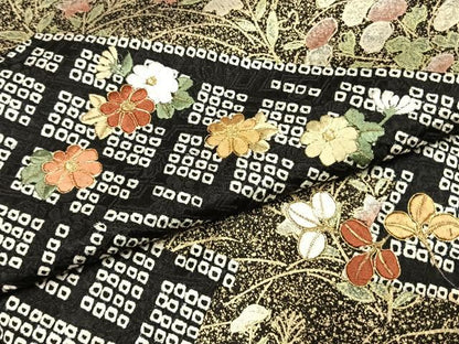 平和屋着物●訪問着　駒刺繍　絞り　草花文　黒地　金糸　金彩　正絹　逸品　未使用　AABI9198fy