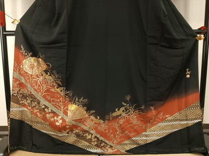 平和屋着物●ブライダルファッションデザイナー・桂由美　黒留袖　扇面花鳥文　金彩　やまと誂製　正絹　逸品　未使用　AABI9201fy