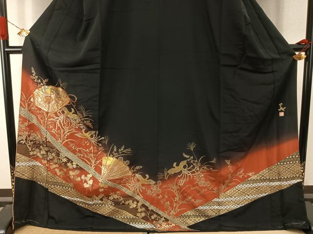 平和屋着物●ブライダルファッションデザイナー・桂由美　黒留袖　扇面花鳥文　金彩　やまと誂製　正絹　逸品　未使用　AABI9201fy