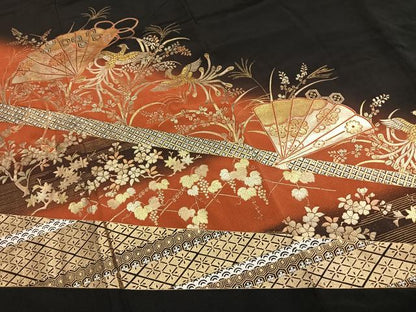 平和屋着物●ブライダルファッションデザイナー・桂由美　黒留袖　扇面花鳥文　金彩　やまと誂製　正絹　逸品　未使用　AABI9201fy