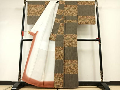 平和屋着物●お召　市松花唐草文　正絹　逸品　未使用　AABI9202fy
