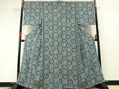 平和屋着物●上質な小紋　藍　型染め　更紗花文　正絹　逸品　AABI9204fy