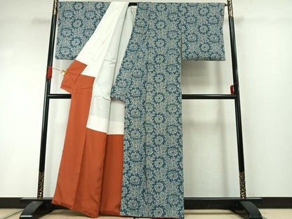 平和屋着物●上質な小紋　藍　型染め　更紗花文　正絹　逸品　AABI9204fy