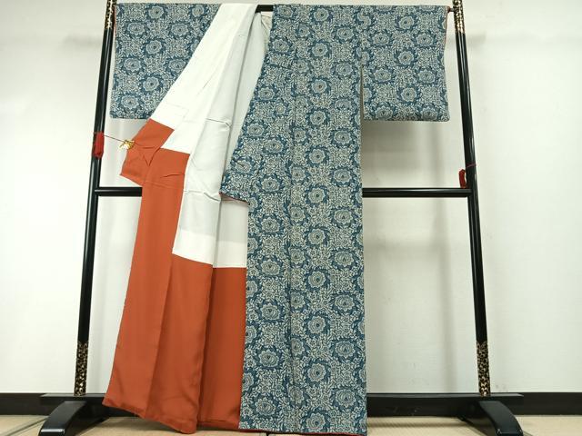 平和屋着物●上質な小紋　藍　型染め　更紗花文　正絹　逸品　AABI9204fy