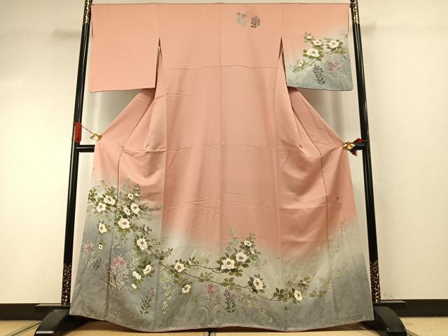 平和屋着物●染織工芸はまや　京都手描友禅作家　濱屋修一郎　訪問着　草花文　暈し染め　金彩　正絹　逸品　AABI9215fy