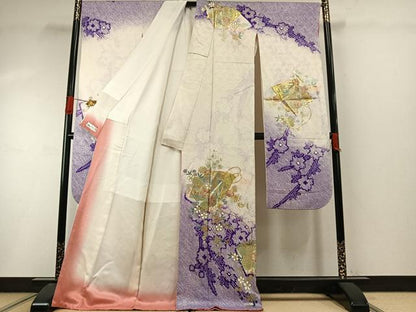 平和屋着物●豪華振袖　駒刺繍　絞り　扇面花文　暈し染め　金銀彩　やまと誂製　正絹　逸品　AABI9225fy