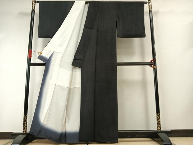 平和屋着物●上質な色無地　幾何学地紋　黒地　正絹　逸品　AABI9230fy