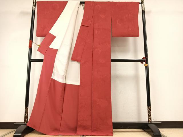 平和屋着物●上質な色無地　風景鼓地紋　赤丹色　正絹　逸品　AABI9245fy
