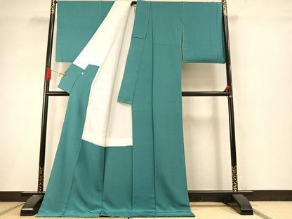 平和屋着物●上質な色無地　青緑色　丹後ちりめん　反端付き　ロング丈　正絹　逸品　AABI9261fy