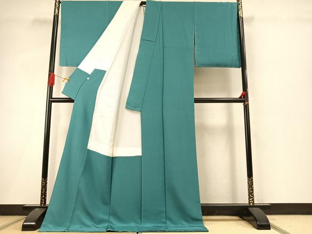 平和屋着物●上質な色無地　青緑色　丹後ちりめん　反端付き　ロング丈　正絹　逸品　AABI9261fy