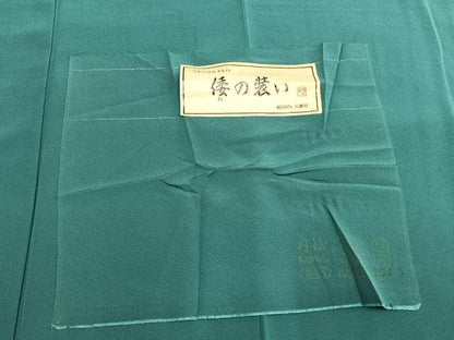平和屋着物●上質な色無地　青緑色　丹後ちりめん　反端付き　ロング丈　正絹　逸品　AABI9261fy