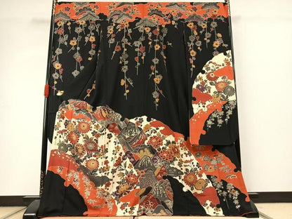 平和屋着物●豪華振袖　紅型　草花文　黒地　正絹　逸品　AABI9266fy