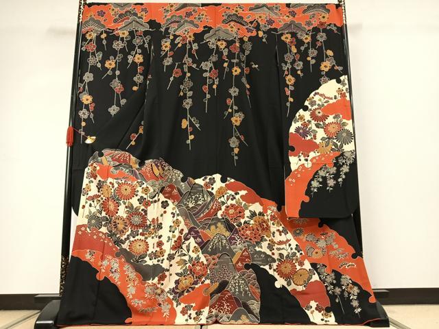 平和屋着物●豪華振袖　紅型　草花文　黒地　正絹　逸品　AABI9266fy