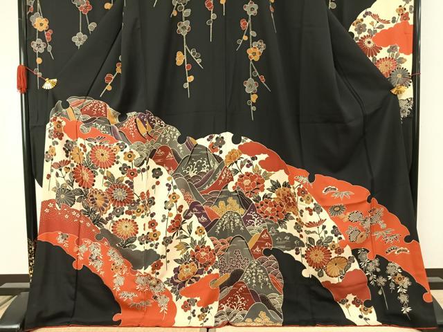平和屋着物●豪華振袖　紅型　草花文　黒地　正絹　逸品　AABI9266fy