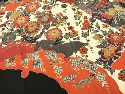 平和屋着物●豪華振袖　紅型　草花文　黒地　正絹　逸品　AABI9266fy