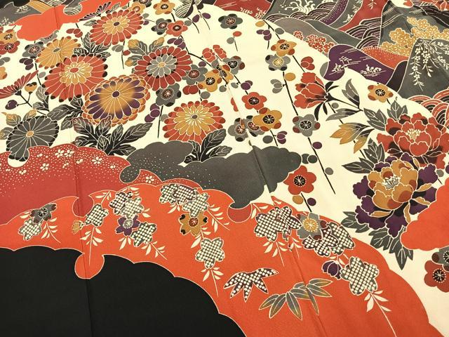 平和屋着物●豪華振袖　紅型　草花文　黒地　正絹　逸品　AABI9266fy