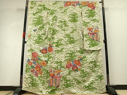平和屋着物●豪華振袖　型染め　立波草花文　正絹　逸品　AABI9271fy