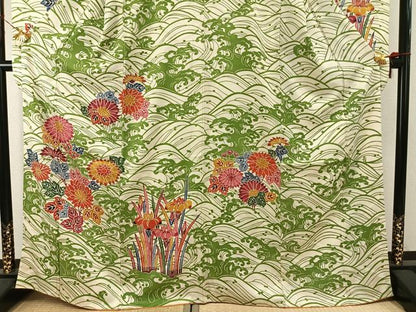 平和屋着物●豪華振袖　型染め　立波草花文　正絹　逸品　AABI9271fy