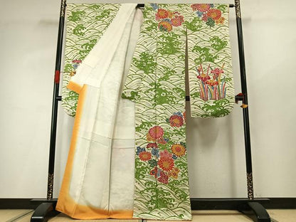 平和屋着物●豪華振袖　型染め　立波草花文　正絹　逸品　AABI9271fy