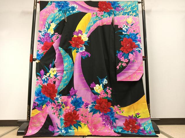 平和屋本店▼お引きずり・お引き摺り・引き振袖　和装　結婚式　舞妓　芸妓　芸者　衣装　花鳥文　黒地　金彩　AABI9279fy