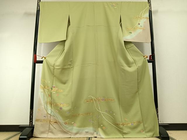 平和屋着物●訪問着　駒刺繍　草花文　暈し染め　金彩　正絹　逸品　AABI9290fy