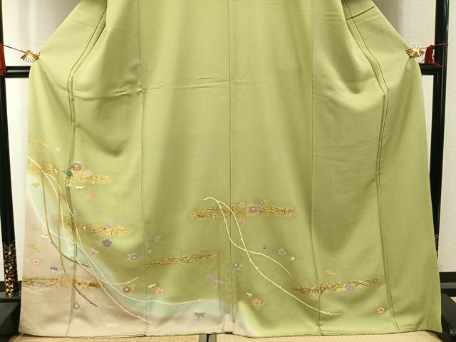 平和屋着物●訪問着　駒刺繍　草花文　暈し染め　金彩　正絹　逸品　AABI9290fy