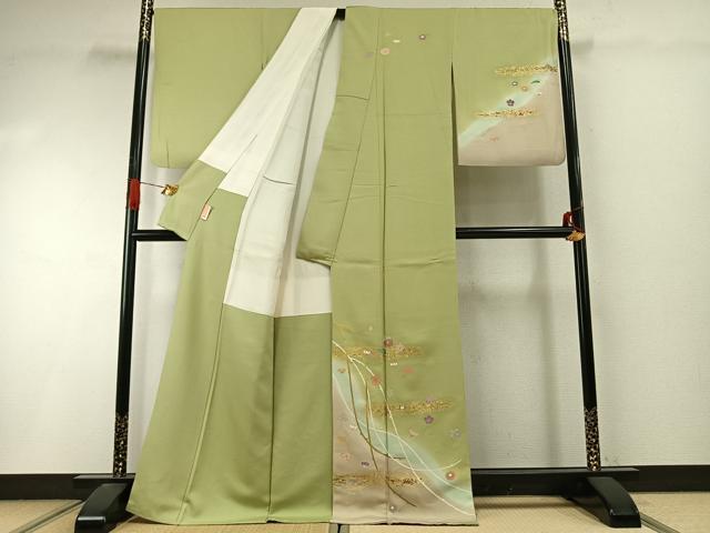 平和屋着物●訪問着　駒刺繍　草花文　暈し染め　金彩　正絹　逸品　AABI9290fy