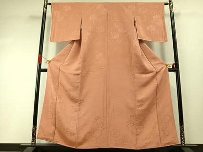 平和屋着物●上質な色無地　亀甲花地紋　深支子色　正絹　逸品　AABI9291fy