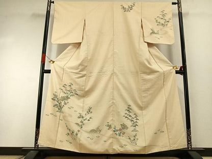 平和屋着物●訪問着　紬地　手描き　刺繍　松竹　風景花文　正絹　逸品　AABI9294fy