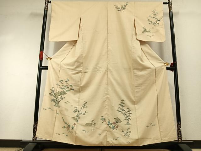 平和屋着物●訪問着　紬地　手描き　刺繍　松竹　風景花文　正絹　逸品　AABI9294fy