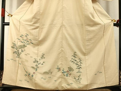 平和屋着物●訪問着　紬地　手描き　刺繍　松竹　風景花文　正絹　逸品　AABI9294fy