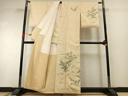 平和屋着物●訪問着　紬地　手描き　刺繍　松竹　風景花文　正絹　逸品　AABI9294fy