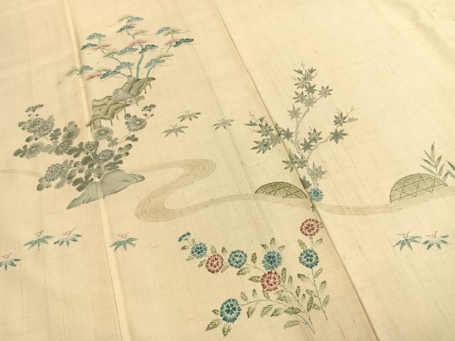 平和屋着物●訪問着　紬地　手描き　刺繍　松竹　風景花文　正絹　逸品　AABI9294fy
