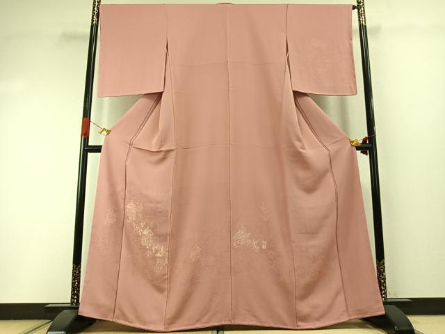 平和屋着物●無地絵羽訪問着　人物風景地紋　珊瑚色　正絹　逸品　未使用　AABI9295fy