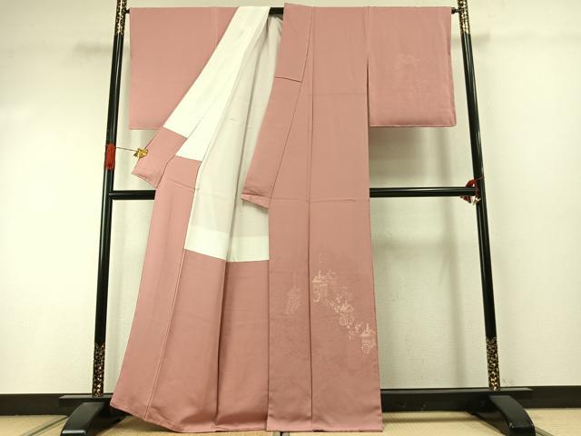 平和屋着物●無地絵羽訪問着　人物風景地紋　珊瑚色　正絹　逸品　未使用　AABI9295fy