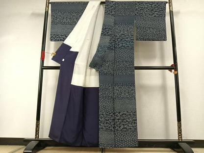 平和屋着物●上質な小紋　藍香房　本藍　横段花文　正絹　逸品　AABI9298fy