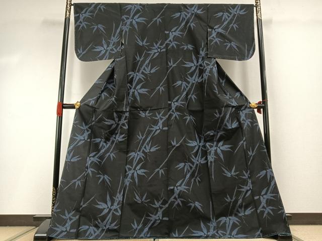 平和屋着物●上質な紬　笹竹文　黒地　ロング丈　正絹　逸品　未使用　AABI9311fy