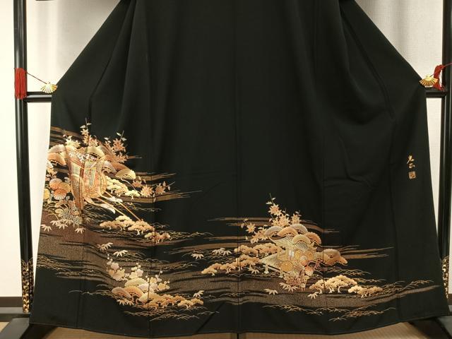 平和屋着物●金彩友禅　卓越技能者・名工・和田光正　黒留袖　松竹梅　御所車花文　金銀彩　正絹　逸品　AABI9320fy