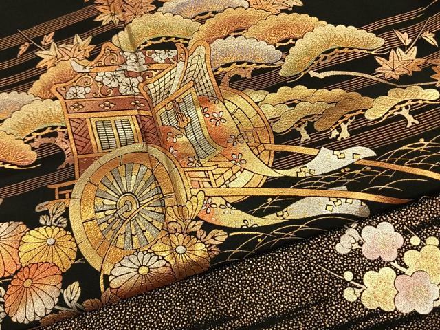 平和屋着物●金彩友禅　卓越技能者・名工・和田光正　黒留袖　松竹梅　御所車花文　金銀彩　正絹　逸品　AABI9320fy