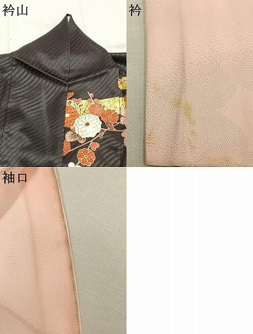 平和屋着物●豪華振袖・長襦袢(袷)セット　駒刺繍　枝花文　黒地　金彩　正絹　逸品　AABI9326fy