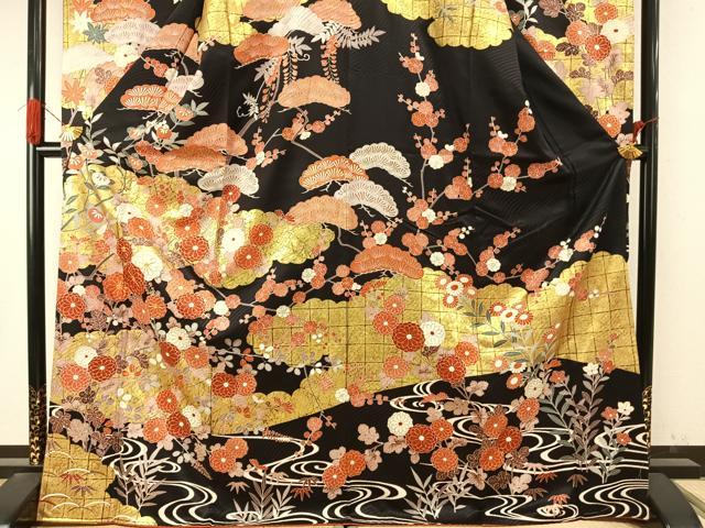 平和屋着物●豪華振袖・長襦袢(袷)セット　駒刺繍　枝花文　黒地　金彩　正絹　逸品　AABI9326fy