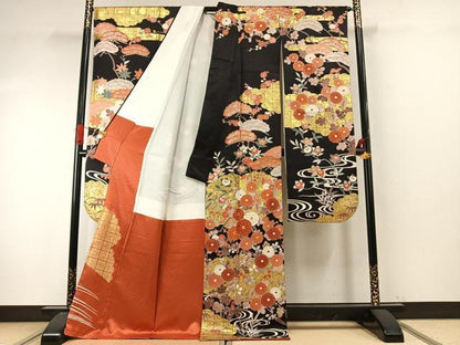平和屋着物●豪華振袖・長襦袢(袷)セット　駒刺繍　枝花文　黒地　金彩　正絹　逸品　AABI9326fy