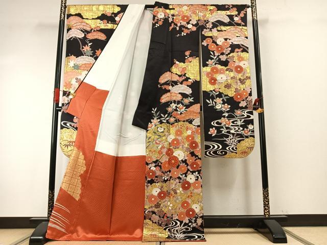 平和屋着物●豪華振袖・長襦袢(袷)セット　駒刺繍　枝花文　黒地　金彩　正絹　逸品　AABI9326fy