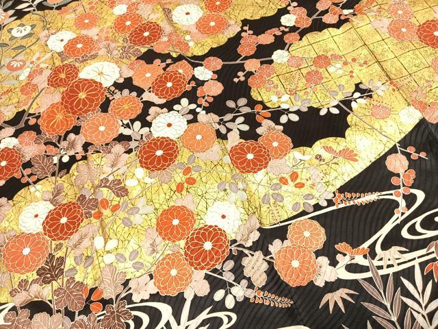 平和屋着物●豪華振袖・長襦袢(袷)セット　駒刺繍　枝花文　黒地　金彩　正絹　逸品　AABI9326fy