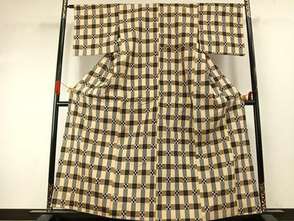 平和屋着物●上質な紬　格子　正絹　逸品　AABI9329fy