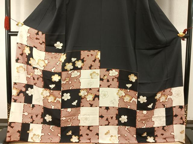 平和屋着物●訪問着　駒刺繍　市松桜文様　黒地　金彩　西武百貨店扱い　正絹　逸品　未使用　AABI9345fy