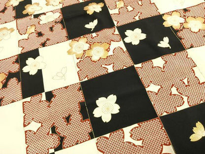 平和屋着物●訪問着　駒刺繍　市松桜文様　黒地　金彩　西武百貨店扱い　正絹　逸品　未使用　AABI9345fy